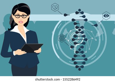 The Woman Works With A Tablet. CRISPR CAS9-genetic Engineering. Illustration Of A Gene Editing Tool Study. Vector