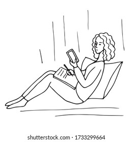 A woman works through the Internet using a smartphone. She sits leaning on a pillow. In one hand a smartphone. On her lap is a notebook in which the girl writes notes. Freelance, Vector.