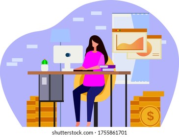 woman works using computer to analyze flat illustration