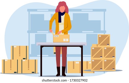 The woman works in a warehouse with a box on the table and a box on the side. Modern flat style vector illustration design with a white background for a website or landing page