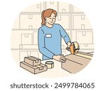 Woman works in warehouse packing parcels and sealing cardboard boxes while performing duties as storekeeper. Girl employee of warehouse or point of issue of orders stands near racks with cardboxes