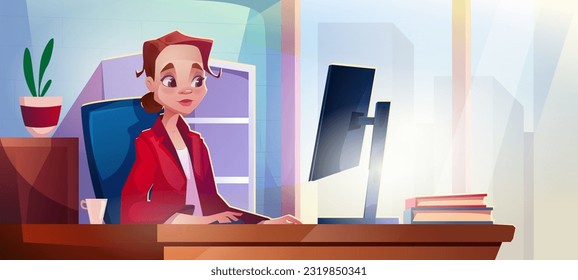 Mujer trabajando en la oficina. Empleado en un lugar de coworking con ventana grande. El carácter se sitúa en el lugar de trabajo con el ordenador. Girl desarrolla un proyecto de negocios sobre el espacio de trabajo. Dibujo vectorial plano de dibujos animados