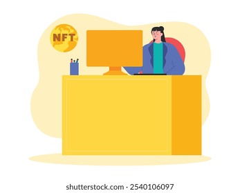 Woman in a workspace, in front of a computer working. Design character. Vector flat illustration