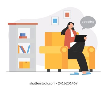 Woman in workspace sitting on couch holding tablet, working online from home. Character design. Vector flat illustration