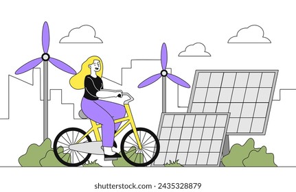 Woman with world environment doodle. Young girl at bicycle at background of solar panels. Sustainable lifestyle and alternative energy. Simple flat vector illustration isolated on white background