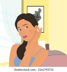 Woman worried about acne on her face, image vector.