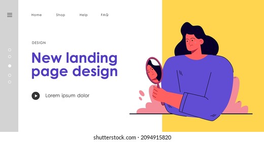 Mujer preocupada por la ilustración del vector del acné. Personaje femenino disgustado mirando al espejo. Niña infeliz por la condición de la piel. Concepto de problema cutáneo para banner, diseño de sitio web o página de inicio