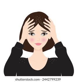 The woman is worried about dandruff on her scalp vector illustration isolated on white background. Dandruff is small, round, white dry flakes in hair and on shoulder. Hair care and problem concept.