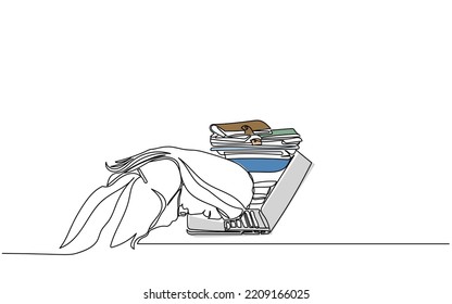 A Woman Is Worried About Having Her Head On A Laptop. Stressed Overworked Worried Young Woman Line Art. Depressed Youth Feeling Anxious. Girl Resting. World Mental Health Awareness Day Vector Graphic