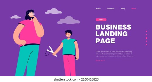 Woman worried about naughty boy with slingshot. Mischievous kid character playing with slingshot flat vector illustration. Bad behavior of child concept for banner, website design or landing web page