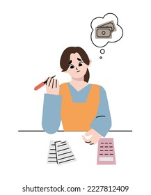 Woman worried about paying Bills. Hand drawn style vector design illustrations.