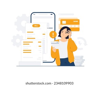 Woman worried about rising electricity bills, Invoice bills Financial management, paying credit, mortgage, taxes receipt and household Personal finances, loans and debt concept illustration