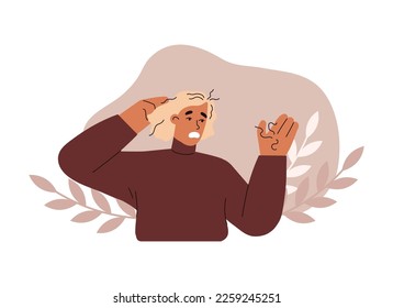 Mujer preocupada por la pérdida de cabello severa, ilustración vectorial de dibujos planos aislados en fondo blanco. La mujer observa signos de calvicie incipiente y pérdida de densidad del cabello.