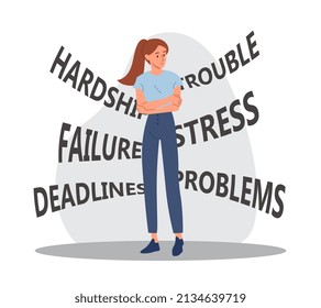 Woman worried problems. Girl on background of signs with mental troubles. Stress, panic and discomfort, depression and self doubt. Subconscious fears and complexes. Cartoon flat vector illustration