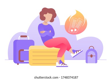 A woman worries about her flight cancellation sitting on her baggage. Canceled vacation.Tickets burned out.Disappointment and frustration because of broken plans.Travel restrictions, border shutdowns.