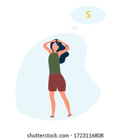 Woman worries about money. Cartoon illustration of money saving. Vector concept of financial crisis.