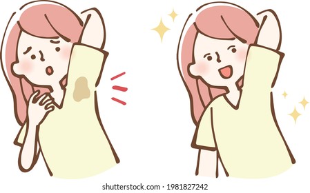 woman worrying about armpit sweat summer clothes illustration