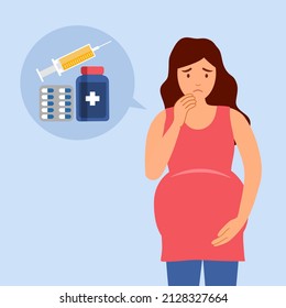 Woman worrying about using medicine during pregnancy concept vector illustration.