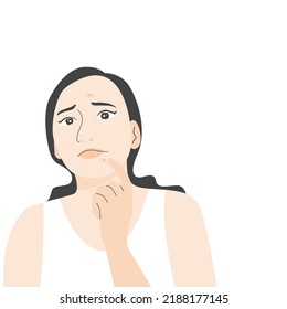 A woman worrying with acne on her face, flat vector illustration.