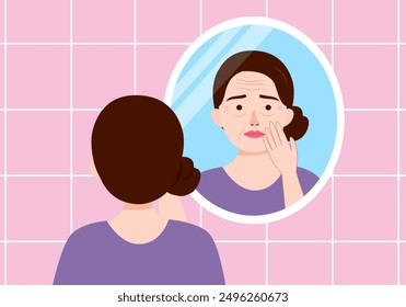 Woman worrying looking her wrinkle face in a bathroom mirror. Problem face aging skin.