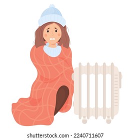 Woman wrapped in blanket is freezing and basking near radiator. Cartoon flat vector illustration. Concept season cold, suffering of low degrees temperature and and room heat heating