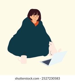 Woman Wrapped in a Blanket with a Laptop. A cozy illustration of a woman wrapped in a blanket working on a laptop, accompanied by a cat