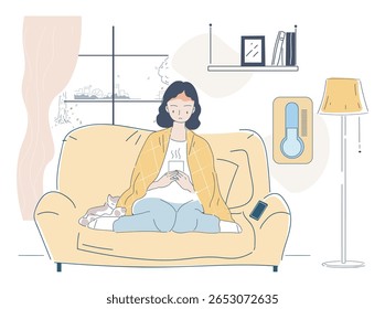 Woman wrapped in a blanket sitting on a sofa with a hot drink, cozy indoor setting with a cat, thermometer, and lamp in flat style. Vector illustration