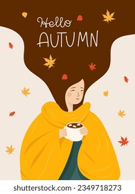 Mujer envuelta en una manta acogedora sosteniendo una taza de té o café. Ilustración vectorial de un personaje en el estilo de la caricatura en un fondo aislado que se escribe a mano 