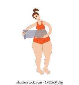 Woman Is Wrapped In Food Wrap For Weight Loss. Saran Wrap. The Girl Wraps A Plastic Wrap Around Her Stomach. Stock Vector Illustration On A White Background.