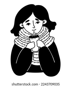 woman wrapped in knitted scarfwarms herself with hot tea. Vector illustration. hand drawing doodle