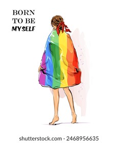 Woman wrapped in lgbt rainbow flag and celebrate pride month, week or day. Support lgbtq and human rights. Vector illustration.