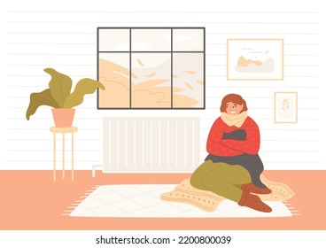 Woman wrapped up in sweater and scarf hugs herself, freezes and sits near cold battery. Autumn is outside the window, cold season. Crisis and economy concept. Vector illustration with simple interior