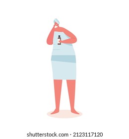 Woman Wrapped in Towel Apply Cosmetics Mask. Female Character with Cosmetic Bottle in Hand Apply Moisturizing Spa Baths Hygiene Procedure, Body and Face Care Concept. Cartoon Vector Illustration