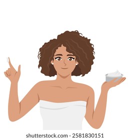 Woman wrapped in a towel, holds a jar of cream and a dab of product on her finger. Flat vector Character Illustration