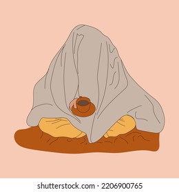 Woman wrapped in a warm blanket . Hand drawn modern Vector illustration. Relax, hygge coziness concept