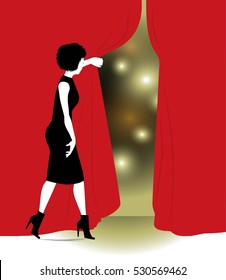 woman wrapping a curtain to see what there is behind