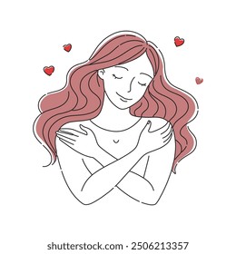 
La mujer envuelve sus brazos alrededor de sí misma, simbolizando el amor propio y la paz interior en un ambiente tranquilo garabatea la Ilustración vectorial de arte de línea continua sobre fondo blanco