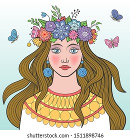 Woman in a wreath of flowers. Colored vector illustration