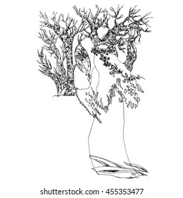 Woman in wreath of flowers and long shirt looking at herself in mirror in forest. World of Woman graphical art series. Vector Illustration