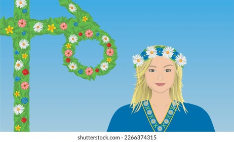 Woman with wreath of flowers, national symbols for Sweden and maypole. Dimension 16:9. Vector illustration.