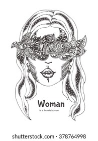Woman  in a wreath. Hand-drawn woman's head patterned with ethnic doodle pattern. Zendala, design for meditation, vector illustration, isolated on a light patterned background. Zen doodles.