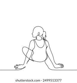 woman in a Wrestling top and shorts sits on the ground with her back to the camera with her hands out for support - one line art vector. Handmade vector not AI