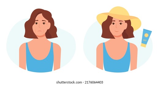 Woman with wrinkles and woman in hat with sunscreen. Before and after using Uv protection. Skin and wrinkles treatment, using cream. The concept of beauty and health. Vector illustration