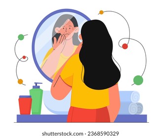 Woman with wrinkles near mirror concept. Elderly person look at her reflection. Skin and face care. Character with cosmetics products. Beauty and spa procedures. Cartoon flat vector illustration