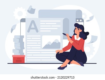 Woman write blog. Young blogger typing article. Modern technologies and digital world. New trends and opinion leader, review. Copywriter and work on internet. Cartoon flat vector illustration