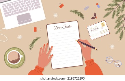 Woman write christmas letter to Santa Claus. Winter holiday wish list. Female hands with notebook sheet page. Top view workplace. Cozy vector illustration in flat cartoon style.