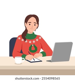 Woman write christmas letter to Santa Claus. Winter holiday wish list. Flat vector illustration isolated on white background