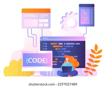 Woman write code concept. Young girl with laptop develops program, software and application, writes code for website. Programmer and IT specialist in workplace. Cartoon flat vector illustration