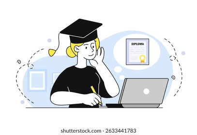 Woman write diploma. Young girl in graduation cap sits at laptop. Student prepares for test or examination. Education and training at university. Linear vector illustration
