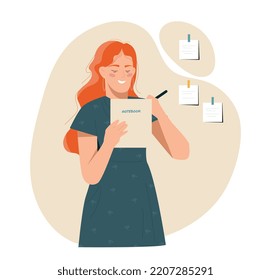 Woman write notes. Businesswoman with planner and pen. Young girl sets goals and strategy. Secretary writing down tasks. Time management, scheduling and planing. Cartoon flat vector illustration